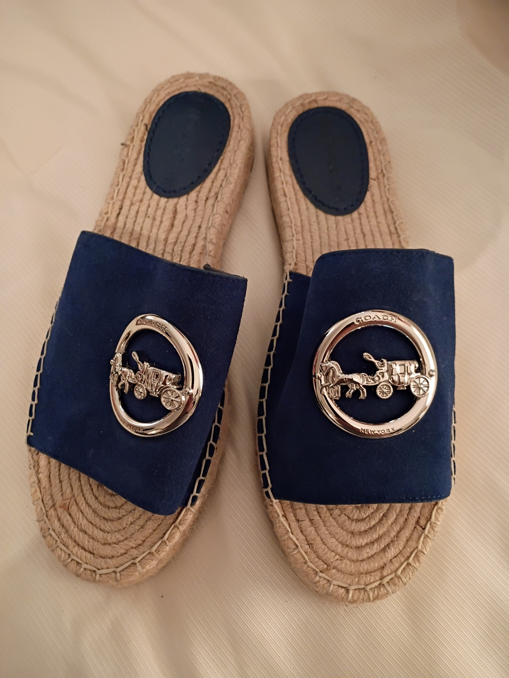 Coach Navy Suede Espadrille Slide with Signature Carriage Emblem